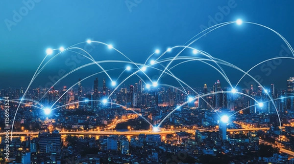 Fototapeta Smart digital Innovation city with connection network reciprocity over the cityscape. of future smart wireless digital city and social media networking systems that connects people with in city