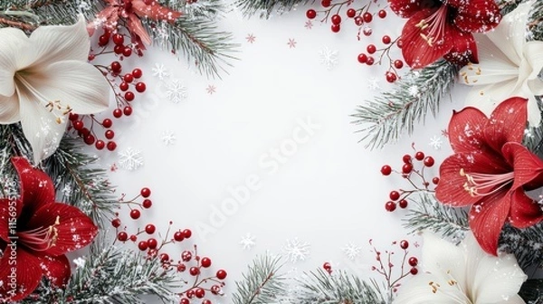 Fototapeta Vibrant Christmas Frame with Festive Flowers and Frosty Pine Branches Creating a Magical Fantasy Border for Holiday Celebrations and Art Projects