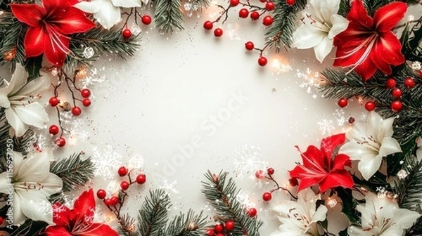 Fototapeta Festive Christmas Border Featuring Red and White Flowers, Holly, and Ornaments, Perfect for Holiday Greetings and Seasonal Decorations in a Cyberpunk Style