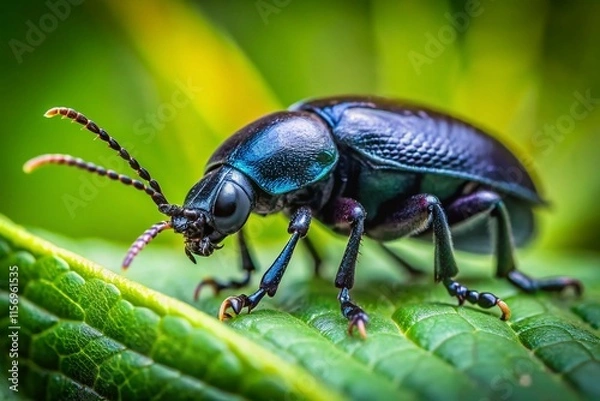 Fototapeta Macro Photography: Black Insect on Green Leaf - Nature Close Up