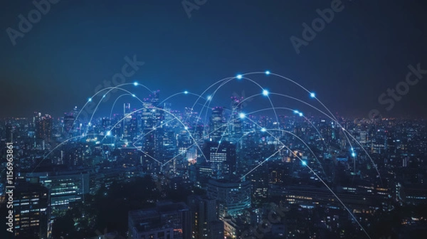 Fototapeta Smart digital Innovation city with connection network reciprocity over the cityscape. of future smart wireless digital city and social media networking systems that connects people with in city