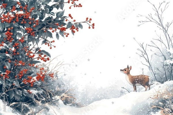 Obraz Serene Winter Landscape with a Curious Fawn and Berry-Laden Branches Under Soft Snowfall, Perfect for Holiday and Nature-Themed Designs