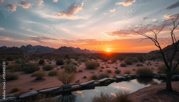 Obraz Desert Oasis at Sunset with Orange Sky