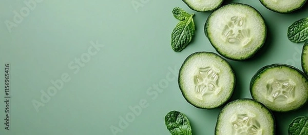 Fototapeta Refreshing Cucumber Slices with Mint Leaves on Green Background
