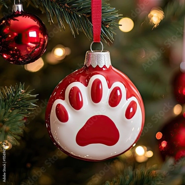 Obraz Red and White Paw Print Christmas Ornament Hanging on Tree with Festive Lights