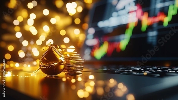 Fototapeta digital product and wealth concept. Golden coins stacked next to a laptop adorned with festive lights