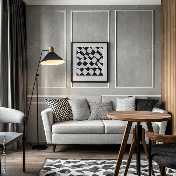 Fototapeta Grey decor: sofa, chairs, lamp, table, patterned elements