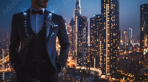 Fototapeta Abstract business man stands on the peak of success amid tall, innovative Smart city and graphs with statistics to analyze business potential and predict future developments in company growth.