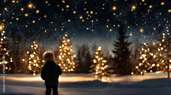Fototapeta A boy gazes in wonder at a radiant golden light that brightens a snowy night, creating a magical atmosphere around him