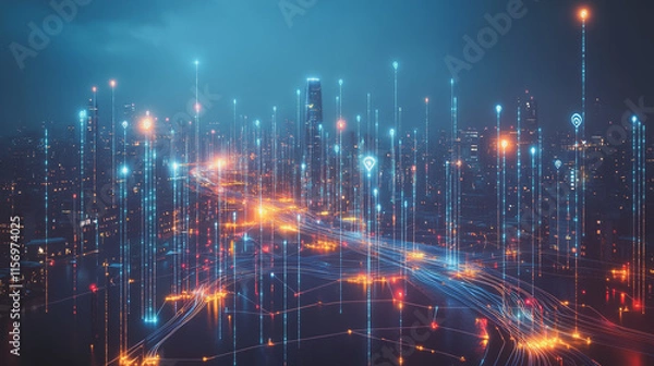 Fototapeta Smart digital Innovation city with connection network reciprocity over the cityscape. of future smart wireless digital city and social media networking systems that connects people with in city