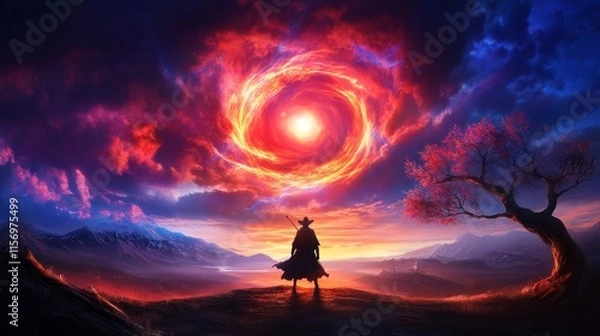 Fototapeta Lone Traveler Before Celestial Vortex - A solitary figure, journey, mystical vortex, vibrant sunset, serene landscape. Symbolizes adventure, mystery, hope, power, and discovery.