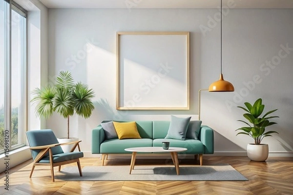 Obraz Minimalist Modern Interior Design: Blank Frame on White Wall Stock Photo