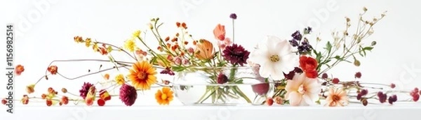Fototapeta Colorful wildflowers arranged elegantly on a white background.