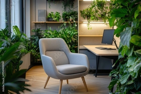 Obraz Modern office interior design with grey armchair and abundant indoor plants.