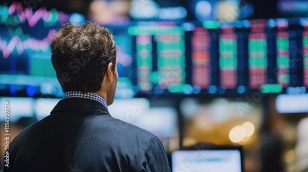 Fototapeta Business professional analyzes stock market trends in a financial office setting during the trading day