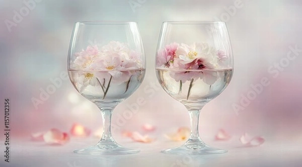 Fototapeta Two wine glasses filled with delicate flowers, light pink and white color scheme,