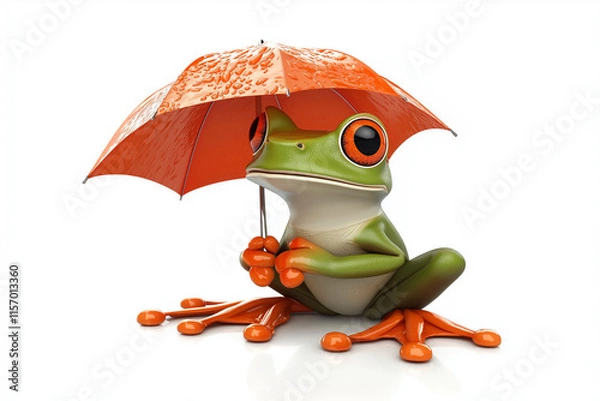 Obraz Cartoon Frog Under Orange Umbrella, Rainy Day, Wet, Cute. Generative Ai.