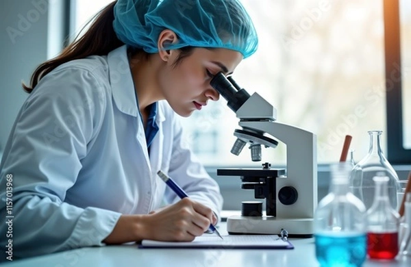 Fototapeta Asian female scientist focuses on microscope. Wears lab coat, light-blue lab cap. Carefully observes scientific samples, meticulously records research notes. Lab environment equipped with lab
