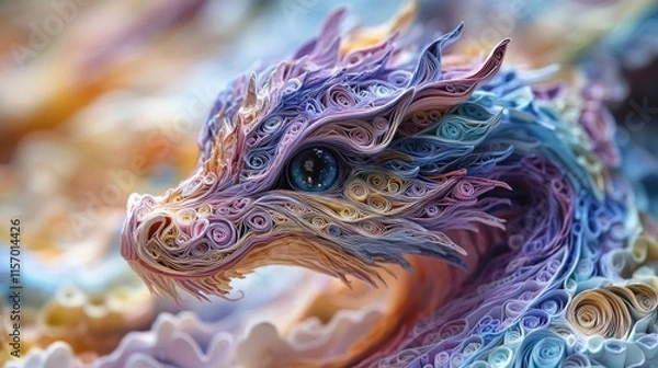Fototapeta Colorful quilling art: intricate paper dragon design with vibrant details. Happy Chinese New Year