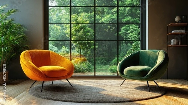 Obraz A lively living room with accent chairs in bright lime green and warm orange, creating a stunning contrast against the minimalist pale gray wall.