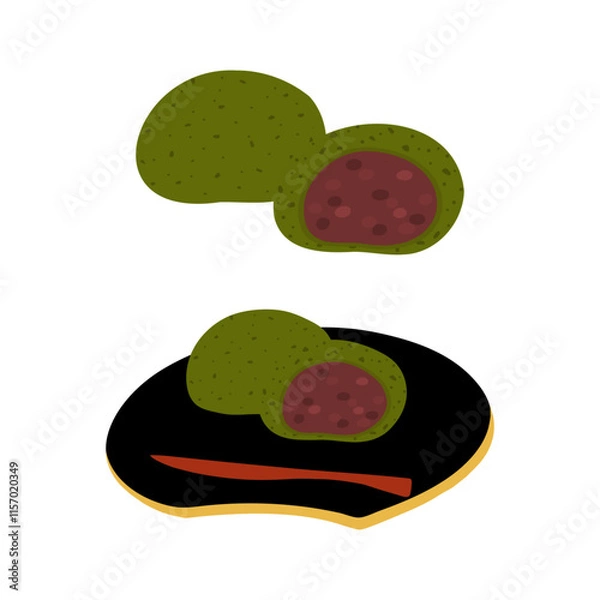 Fototapeta よもぎまんじゅう(粒あん)の手描きカラーイラストセット