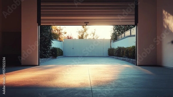 Fototapeta Modern garage interior with open gate and warm sunlight illuminating clean concrete floor and surrounding greenery.
