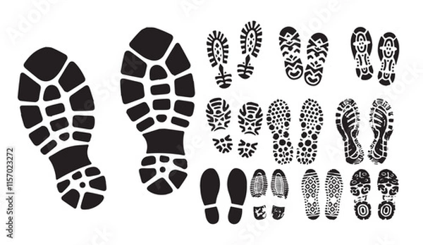 Fototapeta Set of black shoeprint and footprint silhouettes showcasing diverse sole patterns and textures on a white background. Ideal for design, outdoors, and recreation themes