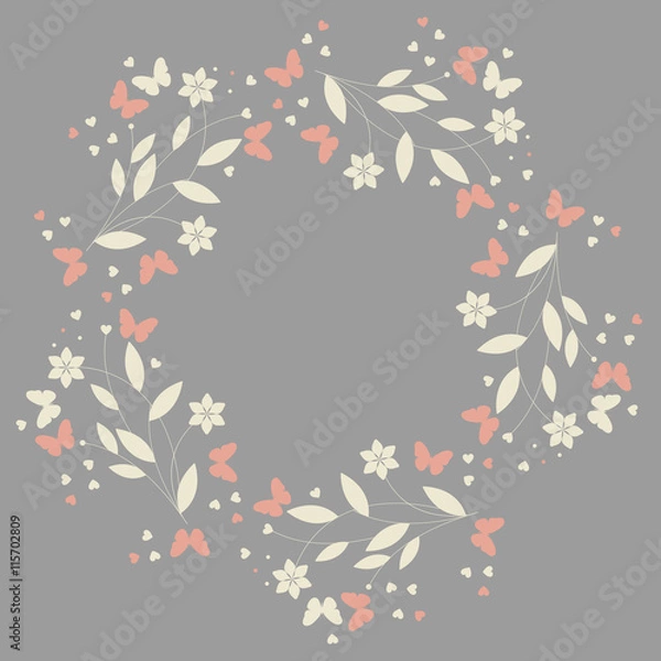 Obraz Elegant floral circle frame with butterflies and hearts