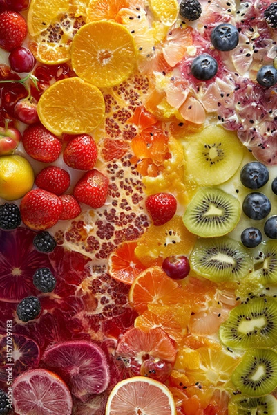 Obraz A top-down view of vibrant, juicy fruit parts carefully arranged in a visually appealing pattern. The colorful slices of various fruits, including citrus, berries, and tropical fruits.