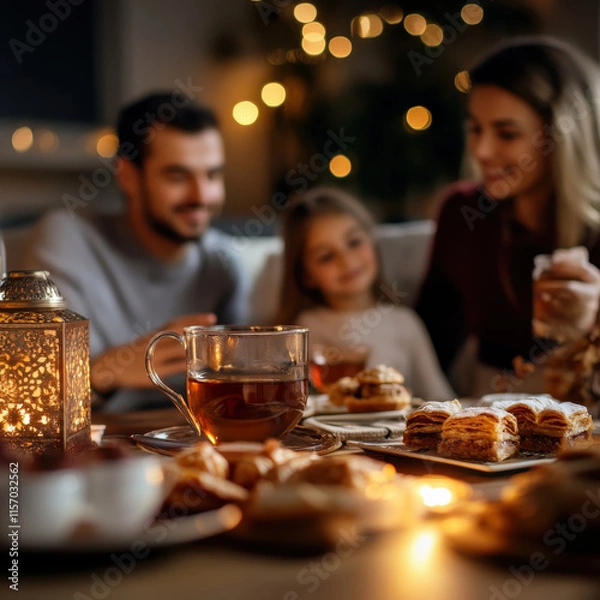 Fototapeta A cozy family gathering during Ramazan’s iftar. The table is set with traditional dishes and delicious meals, creating a warm, festive atmosphere to celebrate the end of the fast in a private home.