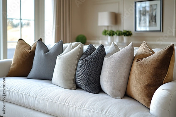 Fototapeta A white couch adorned with various plush pillows in soft gray and beige tones. The couch features a relaxed, contemporary design with rolled arms and a loose-fit fabric.