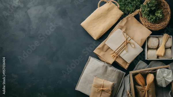 Fototapeta Professional Flat Lay of Zero-Waste Reusable Bags Styled for a Brand Advertisement