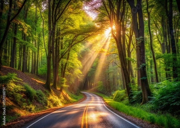 Fototapeta Serene Forest Road: Sunlit Path Through Lush Trees