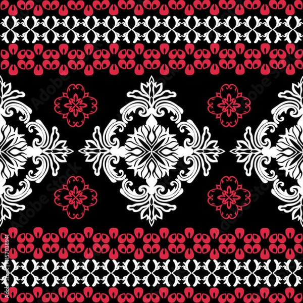 Fototapeta Red, white classic traditional damask design on black background, seamless pattern, vector illustration. Design for fabric ends and clothing. Motifs pattern.
