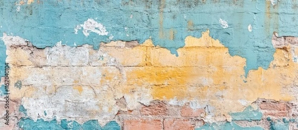 Fototapeta Vibrant weathered brick wall texture featuring peeling paint perfect for artistic backdrops and creative design projects