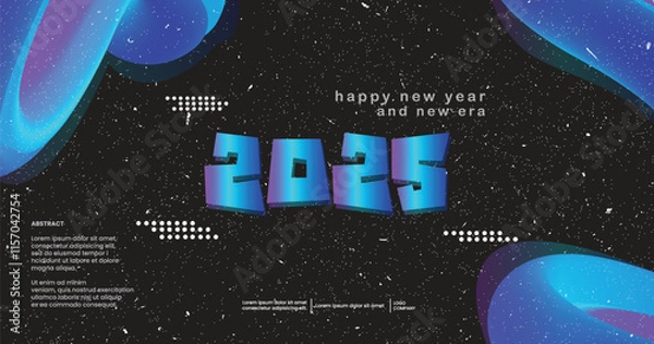 Fototapeta Happy new year and new era 2025. Club party flyer. Futuristic gradients waves music background neon colors. 90s style	
