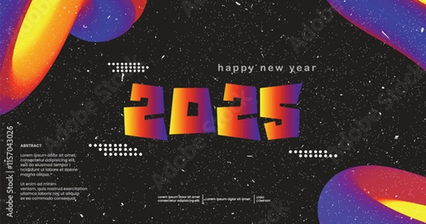 Fototapeta Happy new year 2025 sound wave music poster. Club party flyer. Futuristic gradients waves music background neon colors. 90s style	
