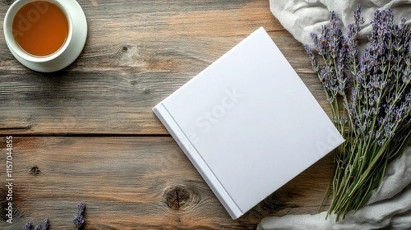 Fototapeta White book mockup on wooden table with lavender tea and workspace accessories for creative design and branding presentations