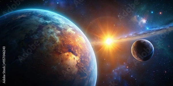 Fototapeta Silhouette of Earth-like Exoplanet and Moon - 3D Rendered Space Scene