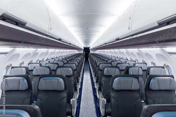 Fototapeta Inside view of empty airplane cabin with modern cabin interior in economy class