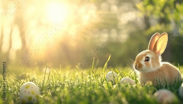 Fototapeta A serene Easter scene features a playful rabbit amidst colorful eggs in a sunlit meadow, symbolizing renewal and the joy of spring celebrations, inviting families to enjoy the festivities