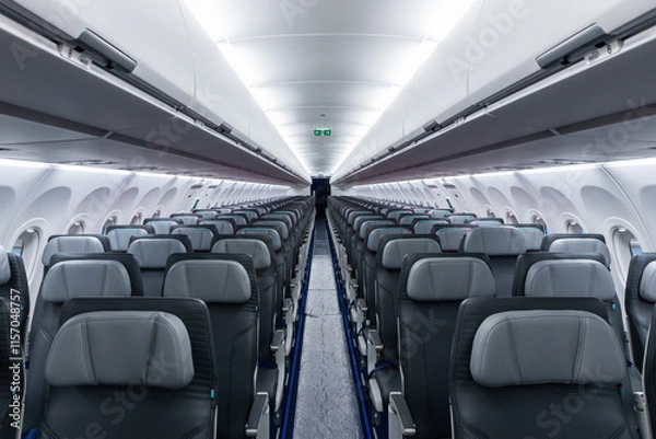 Fototapeta Economy class airplane cabin view with empty seat rows