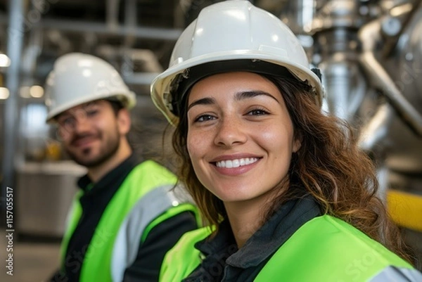 Fototapeta Smiling workers in safety gear at an industrial facility during a collaborative project