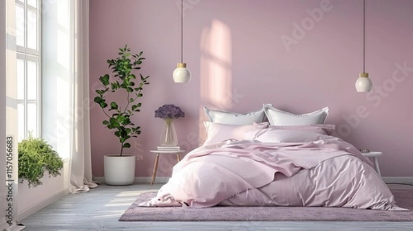 Fototapeta  Soft and romantic bedroom wall color combination with a pastel pink and lavender