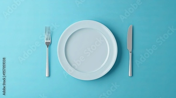 Fototapeta Flat icon of a plate with a fork and knife on a blue background