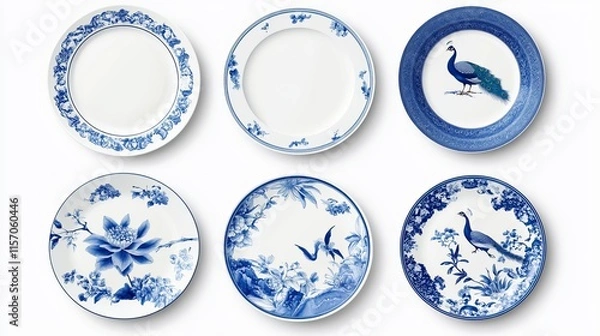 Fototapeta Porcelain plates decorated with a traditional blueandwhite Chinese design featuring floral ornaments and exotic peacocks Set of isolated vector objects