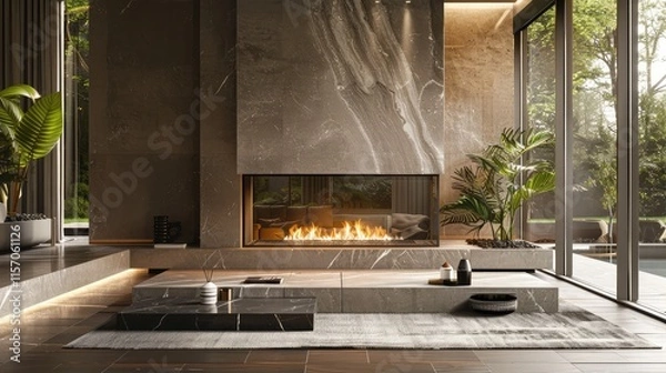 Fototapeta . Classic and refined fireplace design with a sleek and modern metal design and beautiful natural light