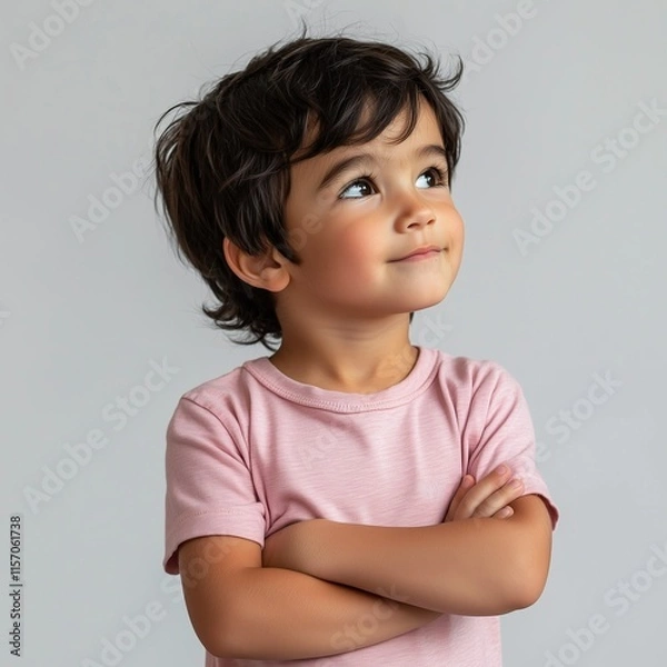 Fototapeta Boy  is posed with her arms crossed, standing sideways and looking up against a plain white background.
