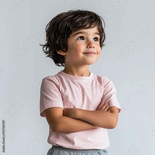 Fototapeta Boy  is posed with her arms crossed, standing sideways and looking up against a plain white background.