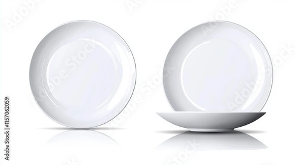 Fototapeta Vector 3D realistic white porcelain or ceramic plate with reflections Design template mockup in front top and side views isolated on a white background